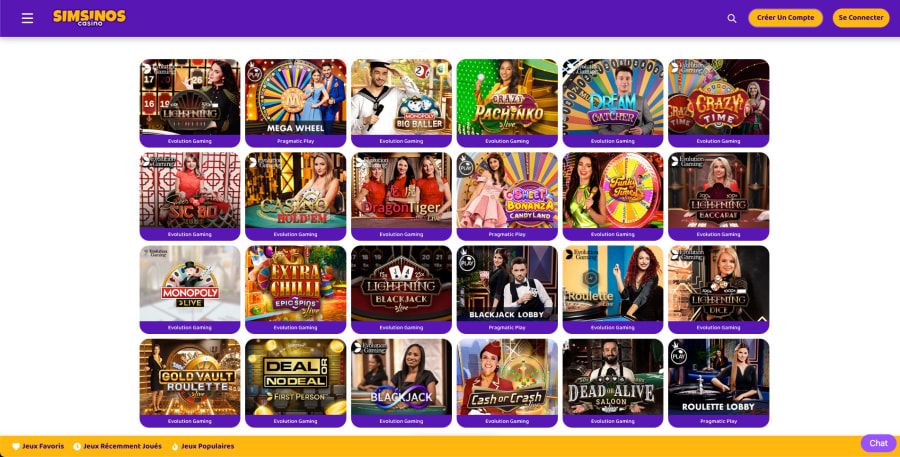 Simsinos casino en direct, tables live HD Evolution